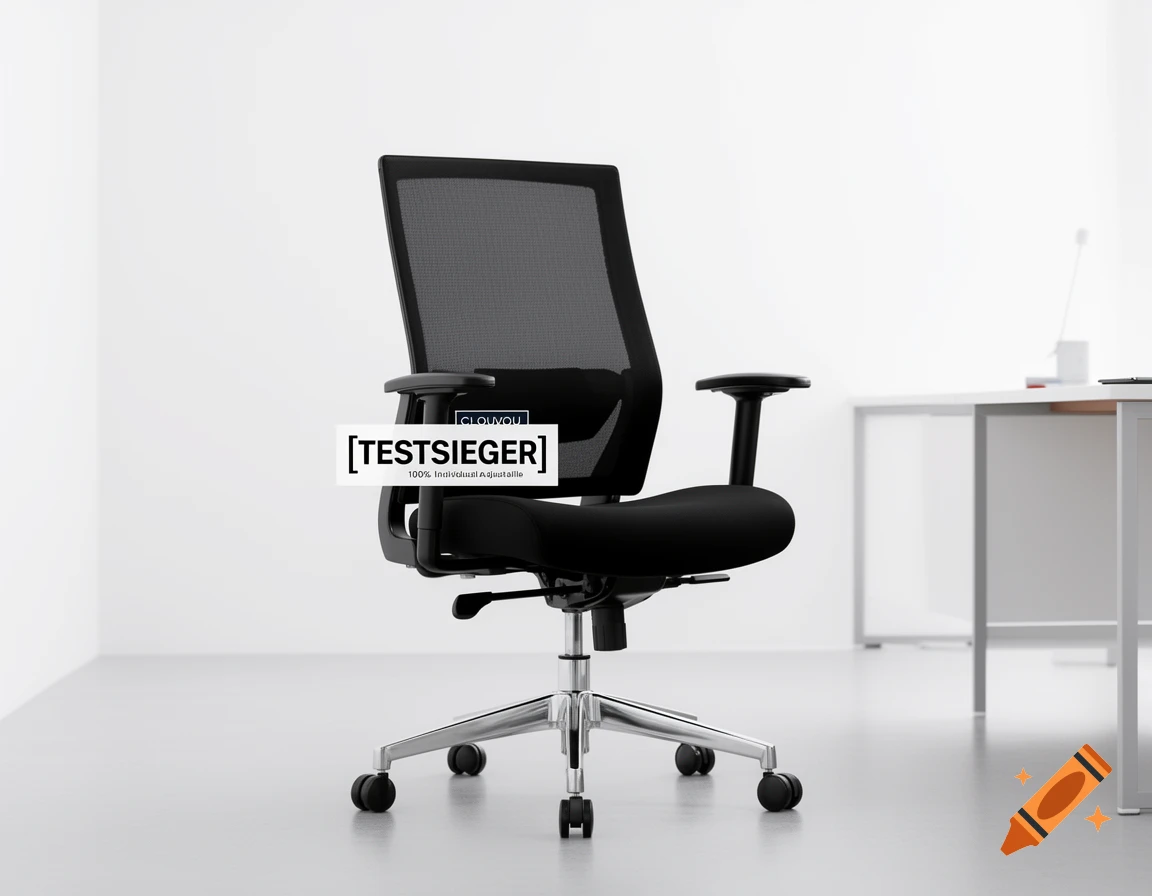 A black ergonomic office chair with a mesh back and text 'CLOUVOU TESTSIEGER 100% individuell einstellbar' in a minimalist white office.