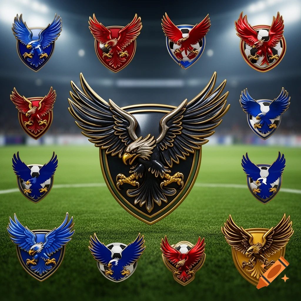 A collection of metallic emblems featuring eagles and soccer balls on a soccer field.