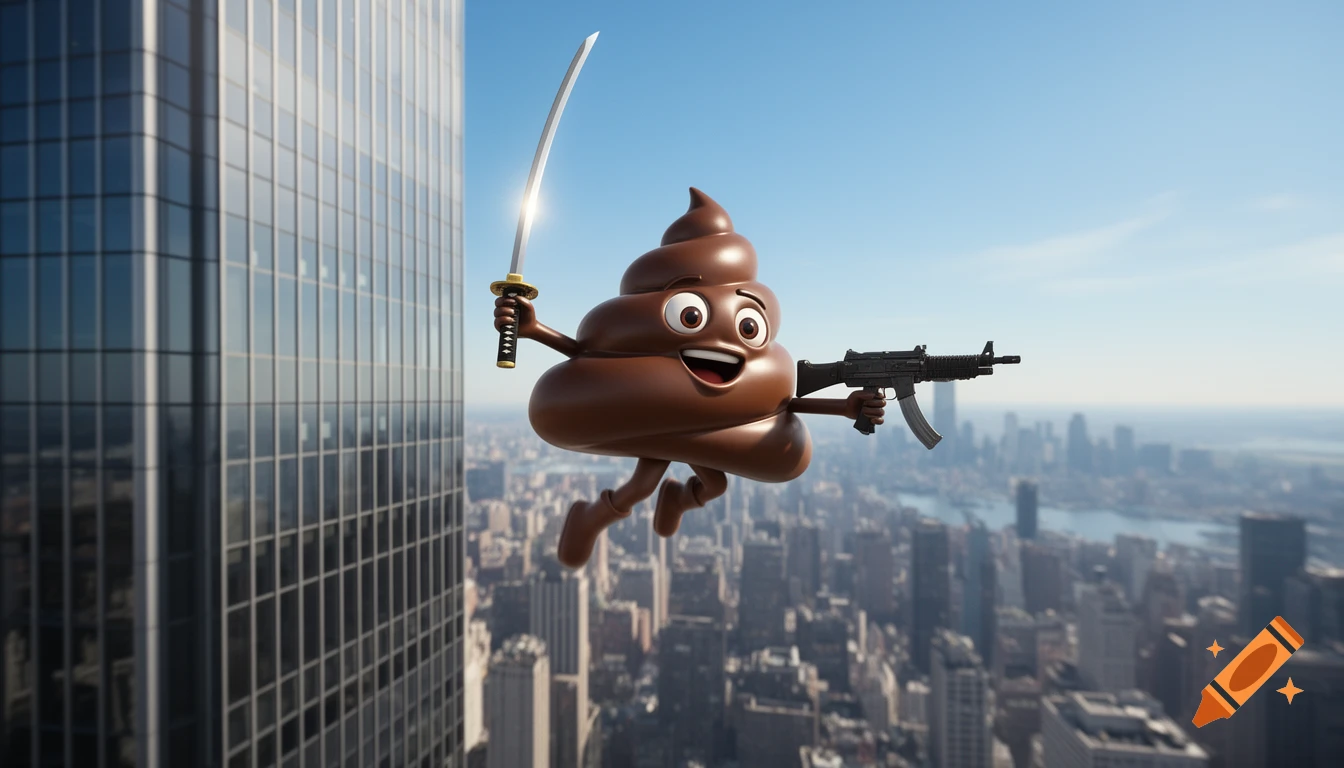 A 3D render of a smiling poop emoji character, with anthropomorphic arms and legs, leaping from a skyscraper. It holds a katana and a submachine gun over a city background.