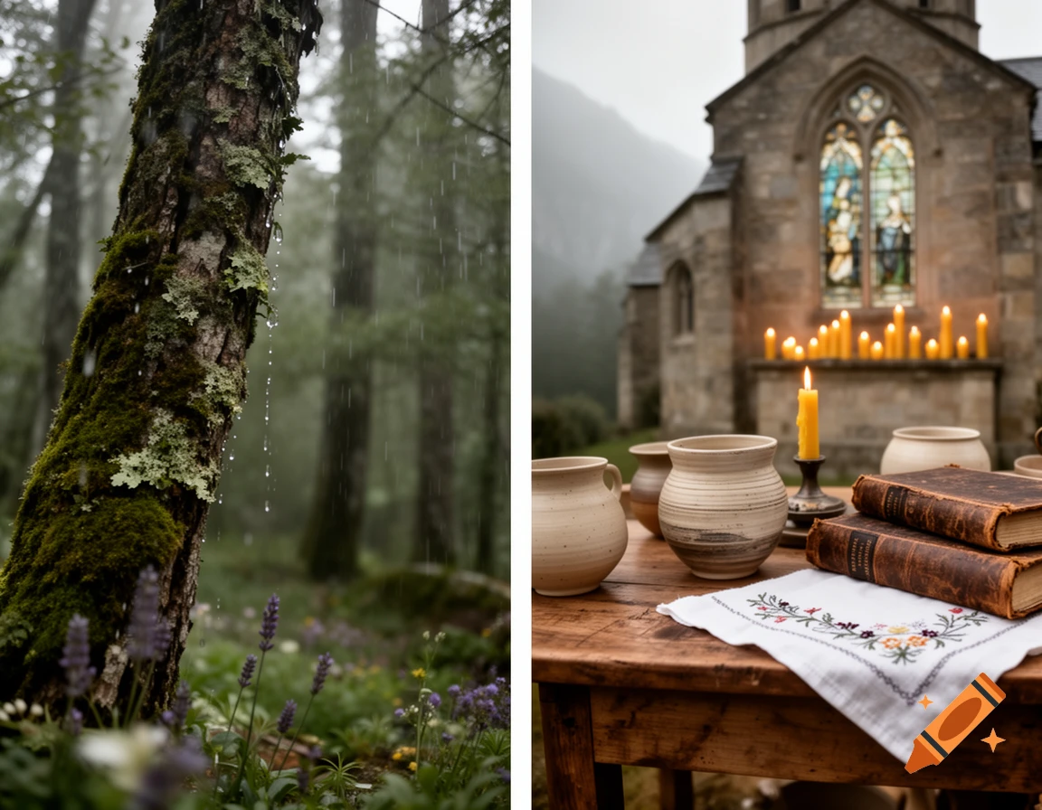 A diptych shows a mossy tree trunk in the rain on the left and a wooden table with pottery and old books in front of a stone church at dusk on the right.