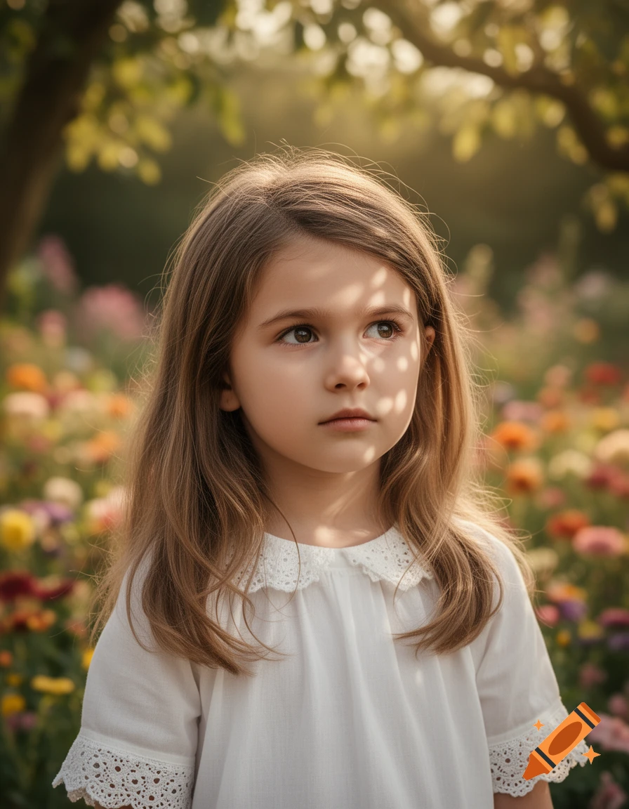Photorealistic portrait of a young girl with long brown hair, looking up, with dappled sunlight on her face, in a sunny flower field.