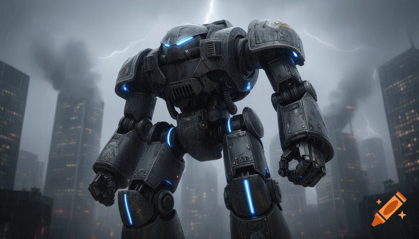 A massive, photorealistic Armiger titan robot stands in a rainy, stormy city with lightning and smoking buildings.