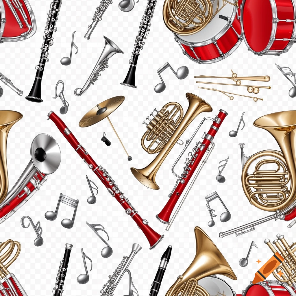 Seamless repeating pattern of red and silver marching band instruments and music notes on a transparent background.