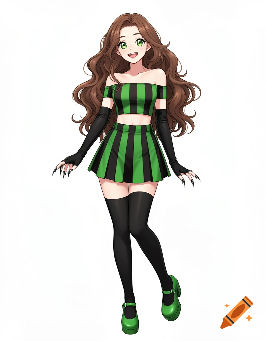 A manhwa style young woman with long brown hair, green eyes, and a cheerful smile, wearing a green and black striped crop top, matching skirt, black thigh-high socks, green platform shoes, and arm warmers with claw-like nails.