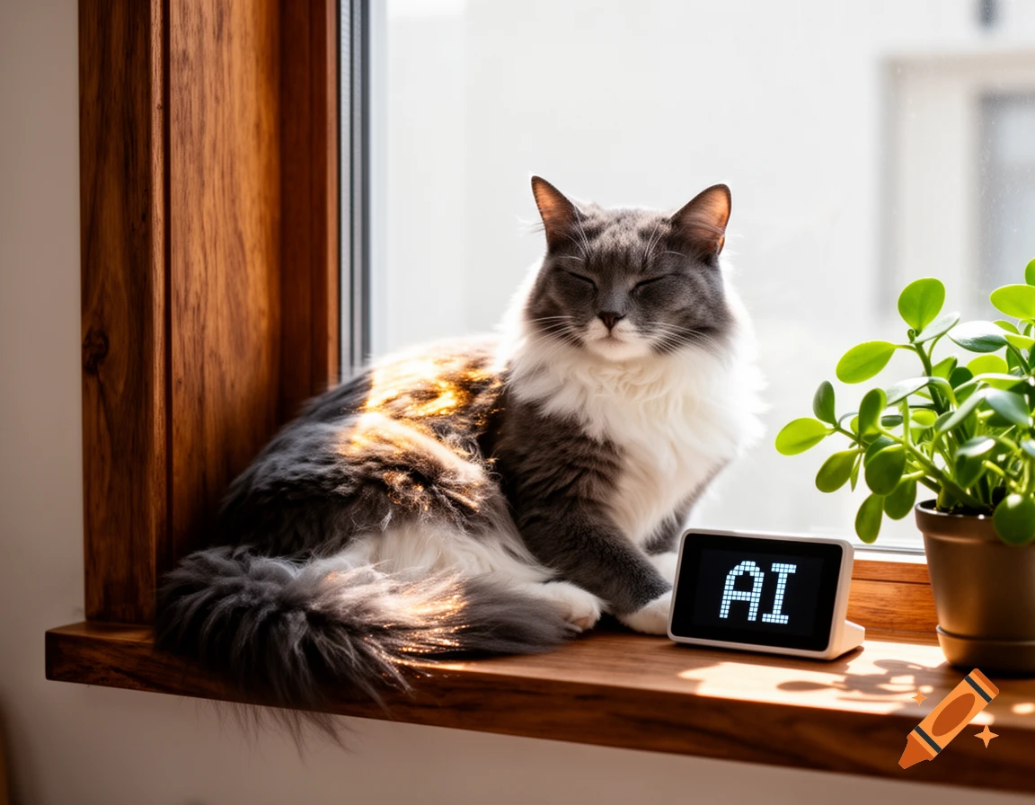 A fluffy grey and white cat sits on a sunny wooden windowsill, eyes closed, next to a potted plant and a digital clock displaying 'AI'.