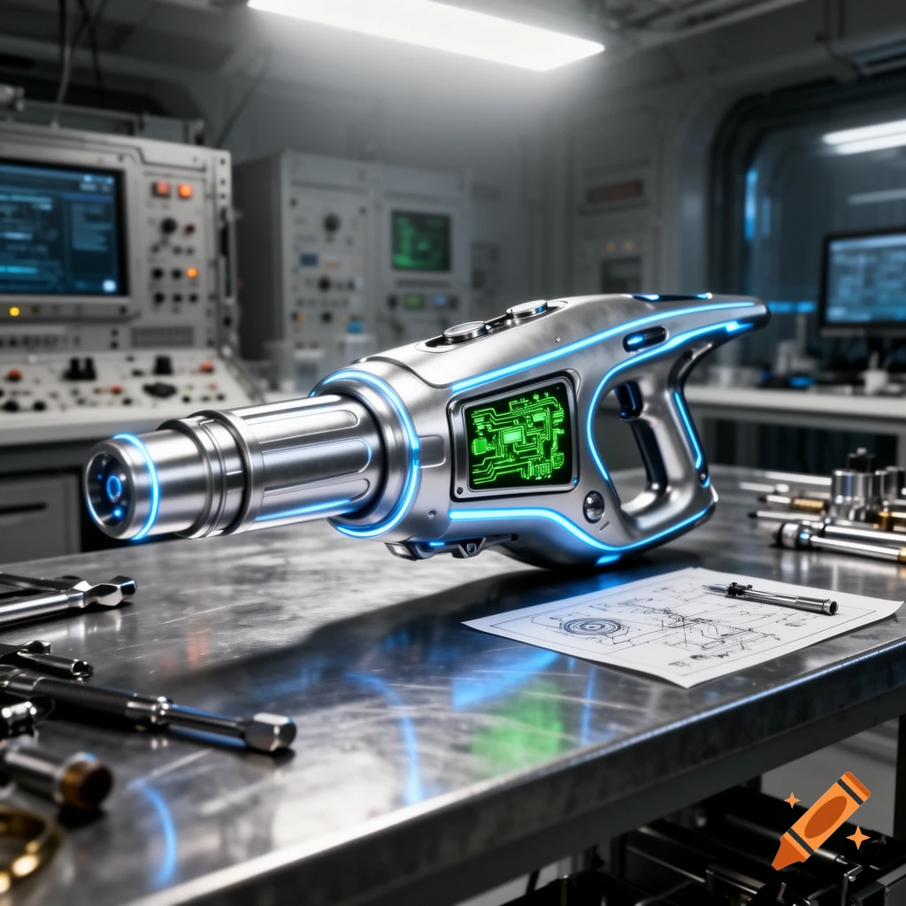 A sleek, futuristic silver gamma gun with blue lights and a green circuit display on a metal lab table with blueprints and tools.