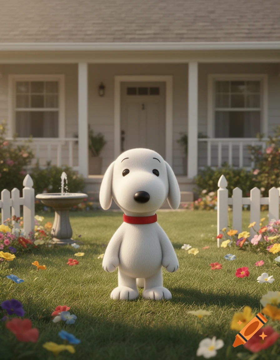 A 3D animated Snoopy, a white cartoon dog with a red collar, stands in a vibrant grassy front yard with colorful flowers and a house in the background.