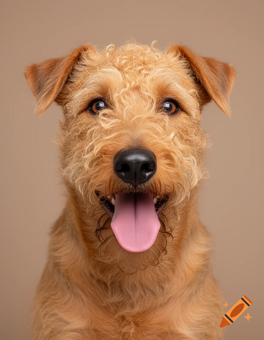 Close-up studio portrait of a happy Welsh Terrier dog with a wheaten-apricot coat, open mouth, and pink tongue, against a neutral background.