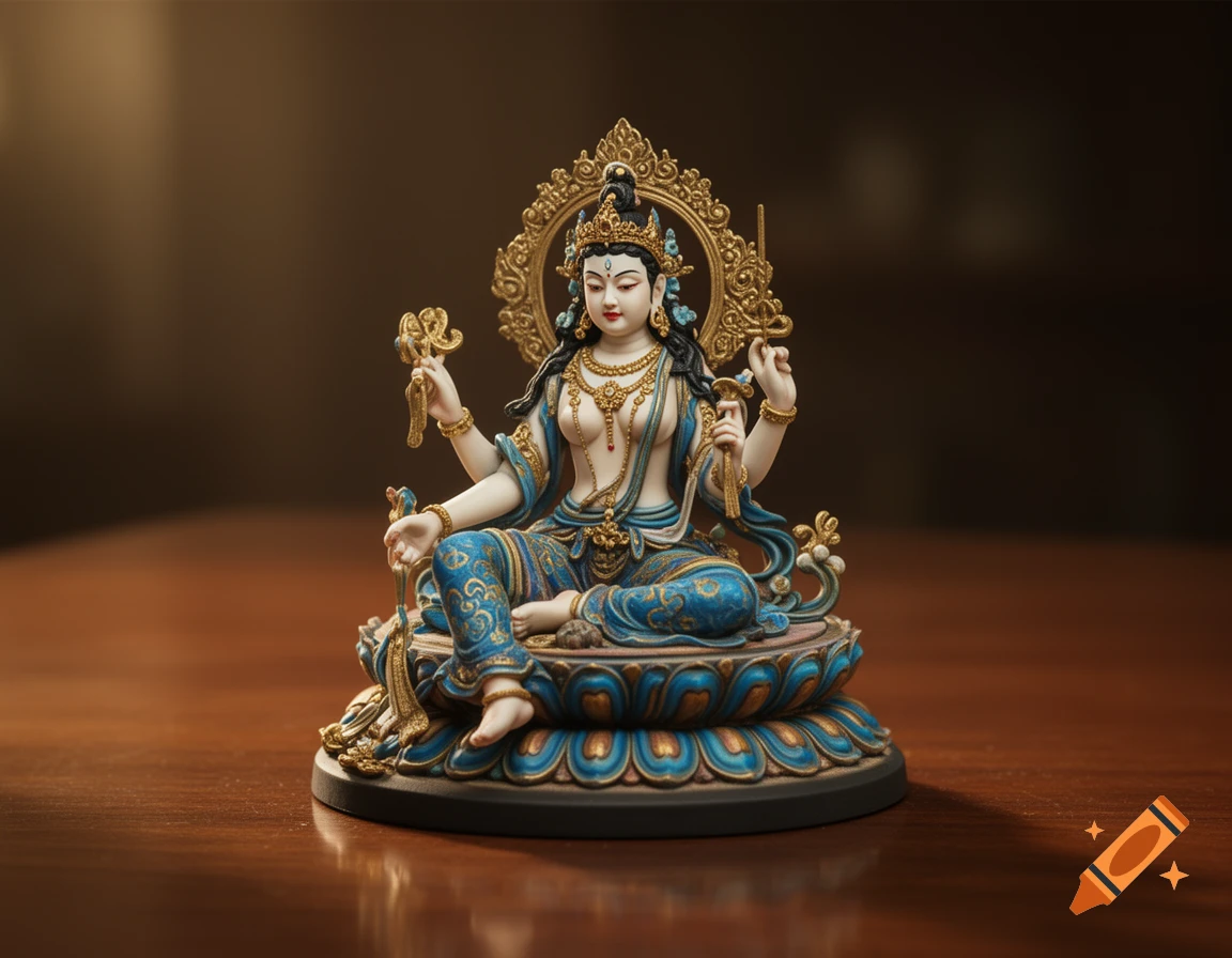 Highly detailed miniature statue of a multi-armed deity with a golden crown and blue-gold robes, seated on a lotus base.