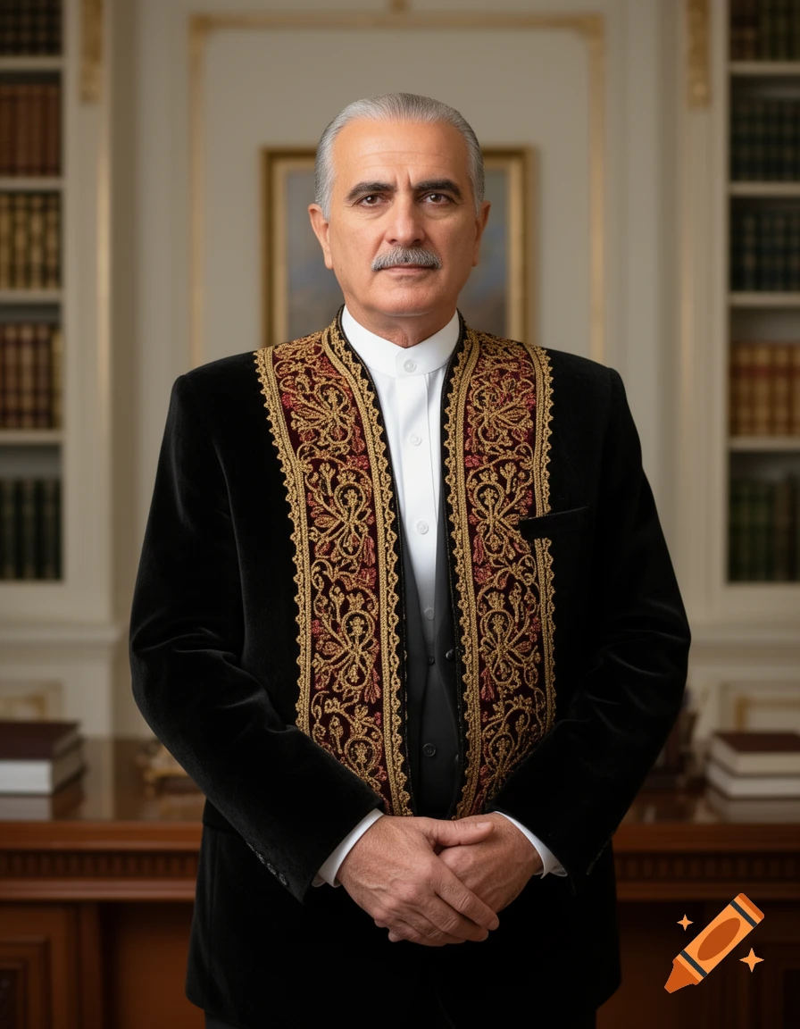 Formal portrait of a man with a mustache, wearing a black velvet jacket with gold and red embroidery, standing in a library. Photorealistic.
