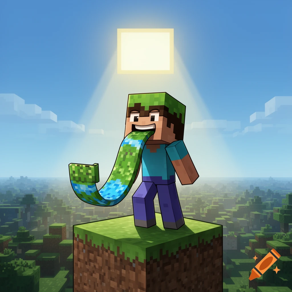 A Minecraft character with grass-textured hair and a long, green and blue tongue resembling the world, stands on a grass block under a square sun in a blocky landscape.