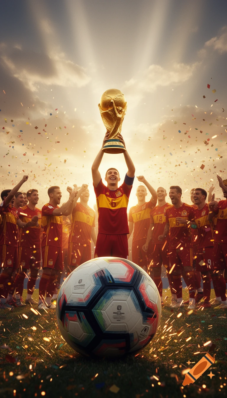 A Spanish football team celebrates winning the World Cup, with a player holding the trophy aloft under a dramatic sky, and a football in the foreground.