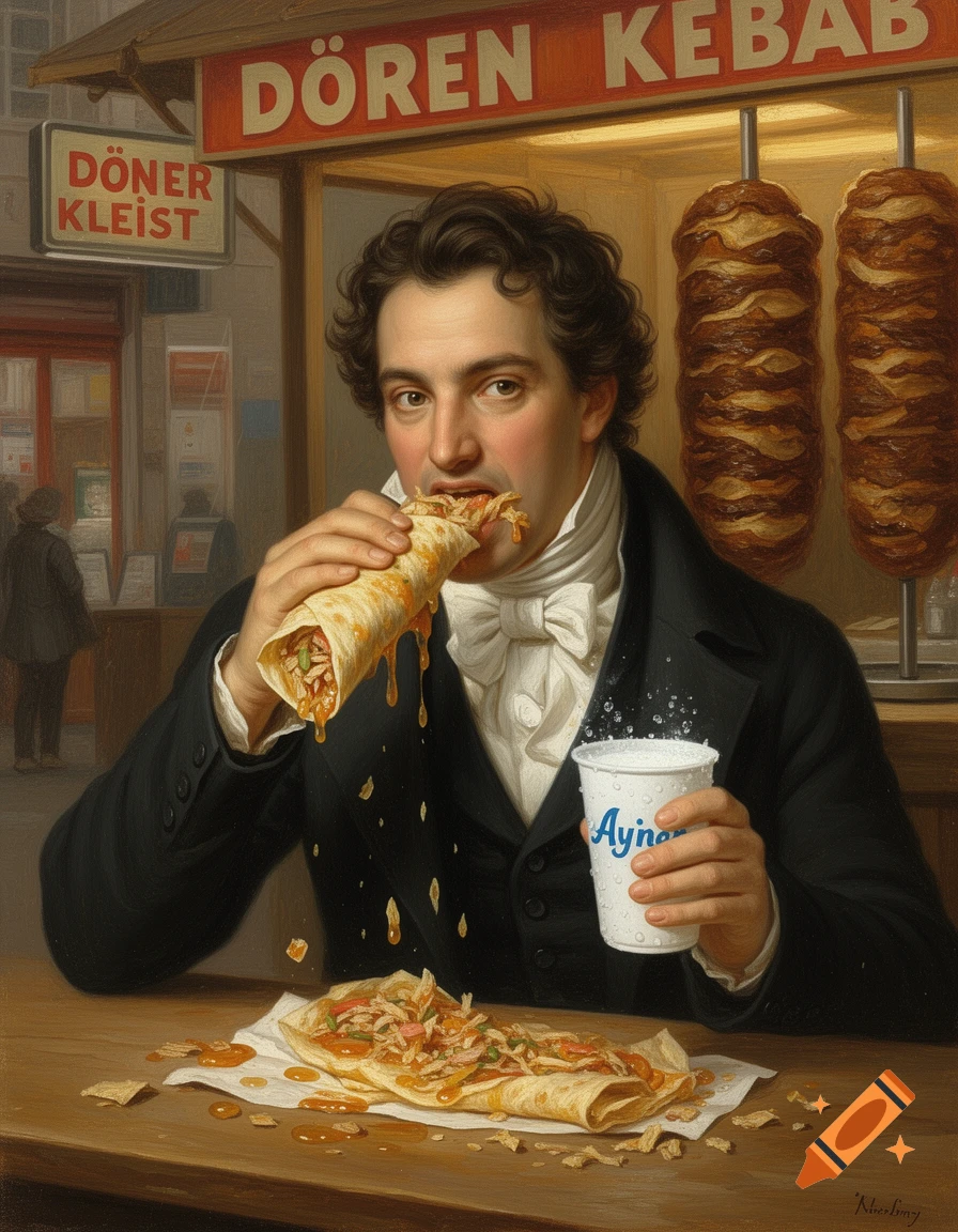 A classical oil painting portrait of a man in 19th-century attire messily eating a döner kebab and holding an 'Aynan' drink, with a 'DÖREN KEBAB' stand in the background.