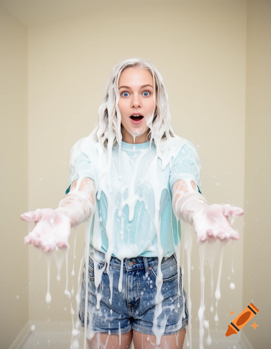 A surprised young woman with blue eyes, wearing a light blue t-shirt and denim shorts, is covered in white liquid slime dripping off her hair, face, and clothes, with hands outstretched.