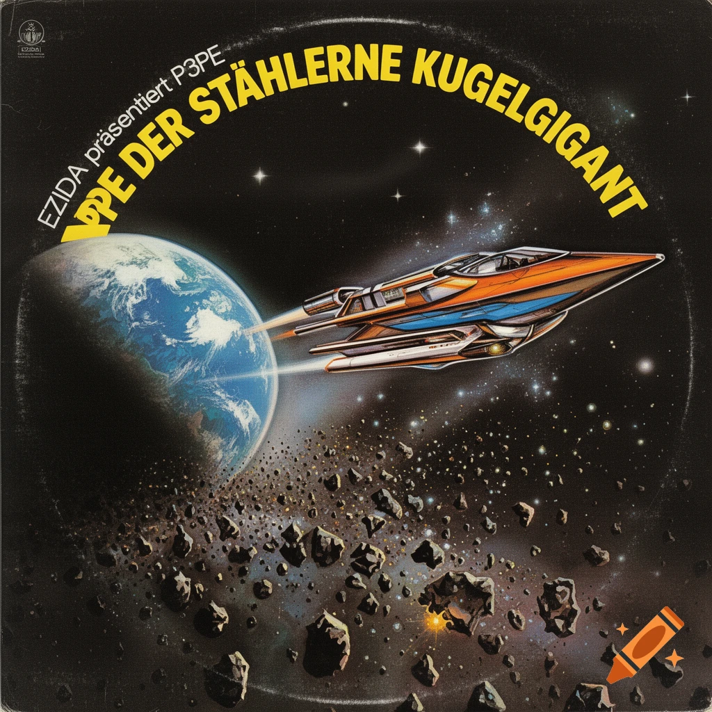 Retro sci-fi illustration of an orange and blue spacecraft flying past Earth through an asteroid field, with text at the top.
