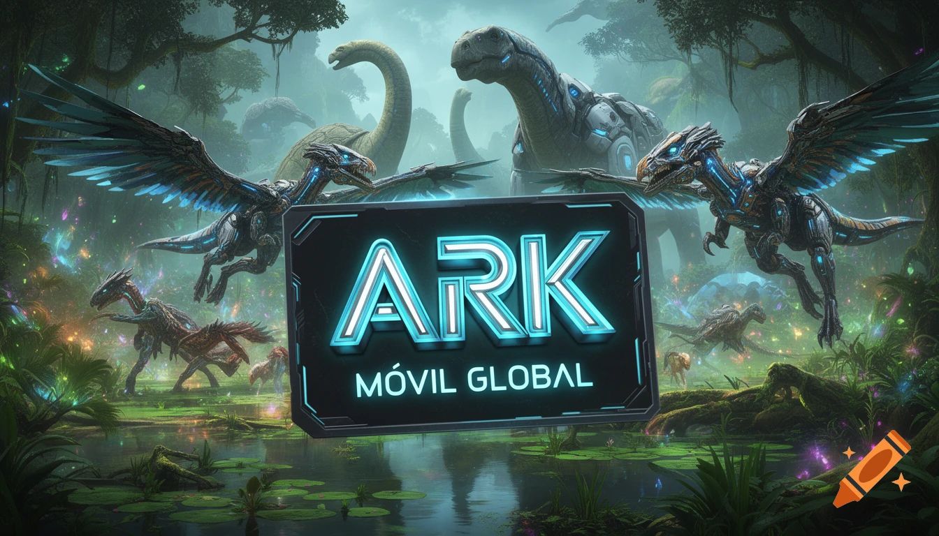 Futuristic mechanical dinosaurs, including a winged raptor, in a vibrant, mystical jungle swamp, with a glowing 'ARK MÓVIL GLOBAL' logo in the foreground.