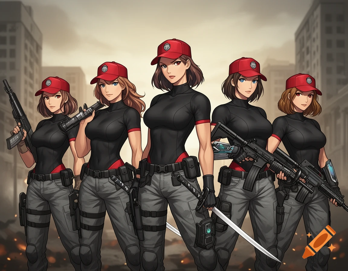 Five anime-style female mercenaries in black shirts, grey pants, and red caps, holding various weapons, standing in a city.