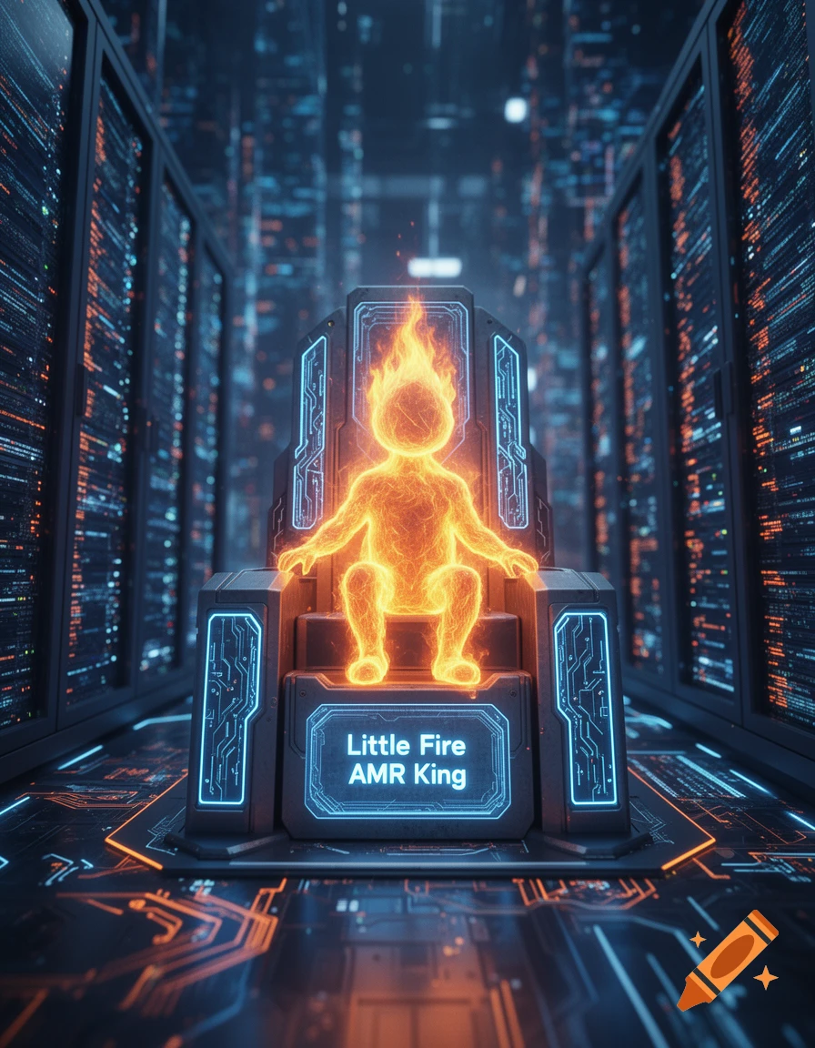 A glowing fiery baby figure sits on a futuristic throne in a server room, with text 'Little Fire AMR King'.