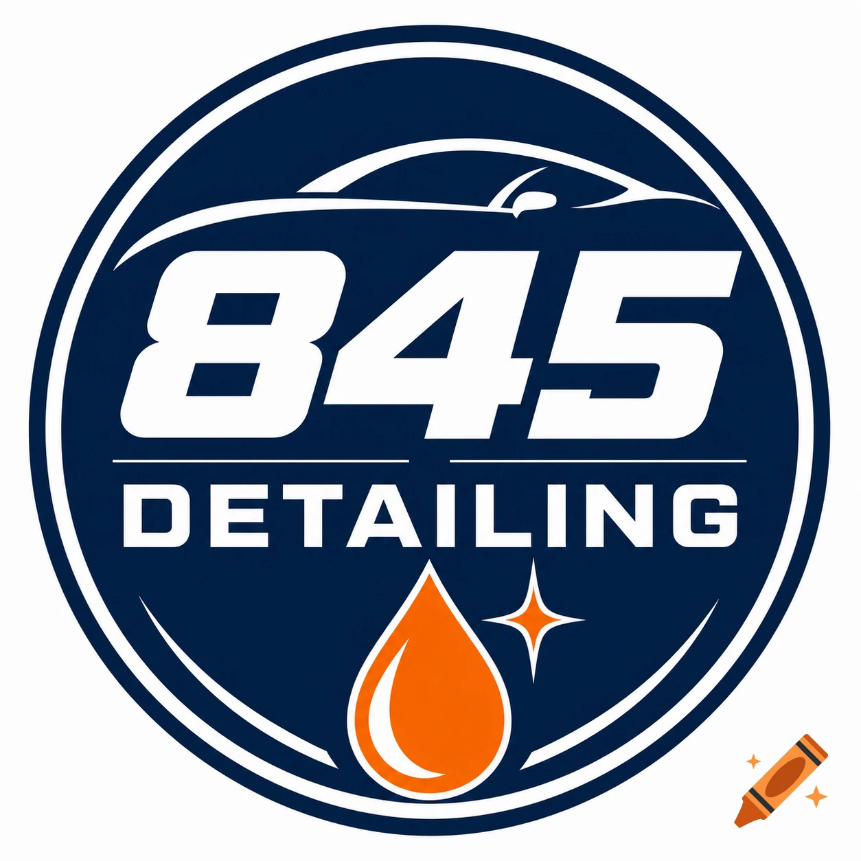 A navy blue circular logo for '845 Detailing' with a white car silhouette, '845 DETAILING' text, and an orange water droplet with a white sparkle.