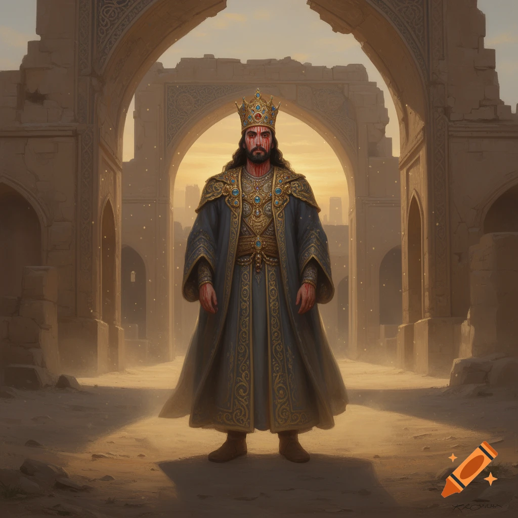 A king with blood on his face and hands, wearing a golden crown and ornate robe, stands in ancient ruins at sunset.