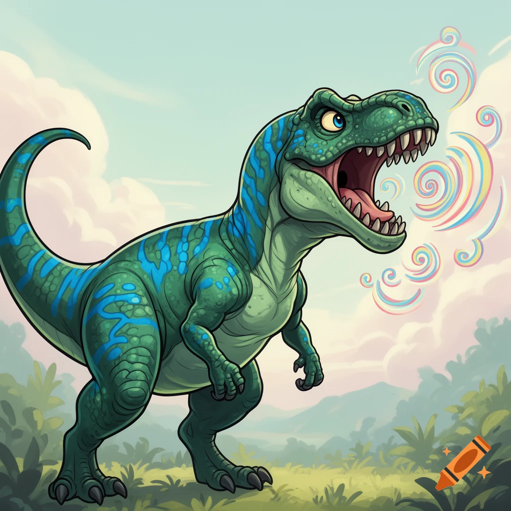A vibrant green and blue cartoon dinosaur roars with colorful swirls in a lush prehistoric setting under a cloudy sky.