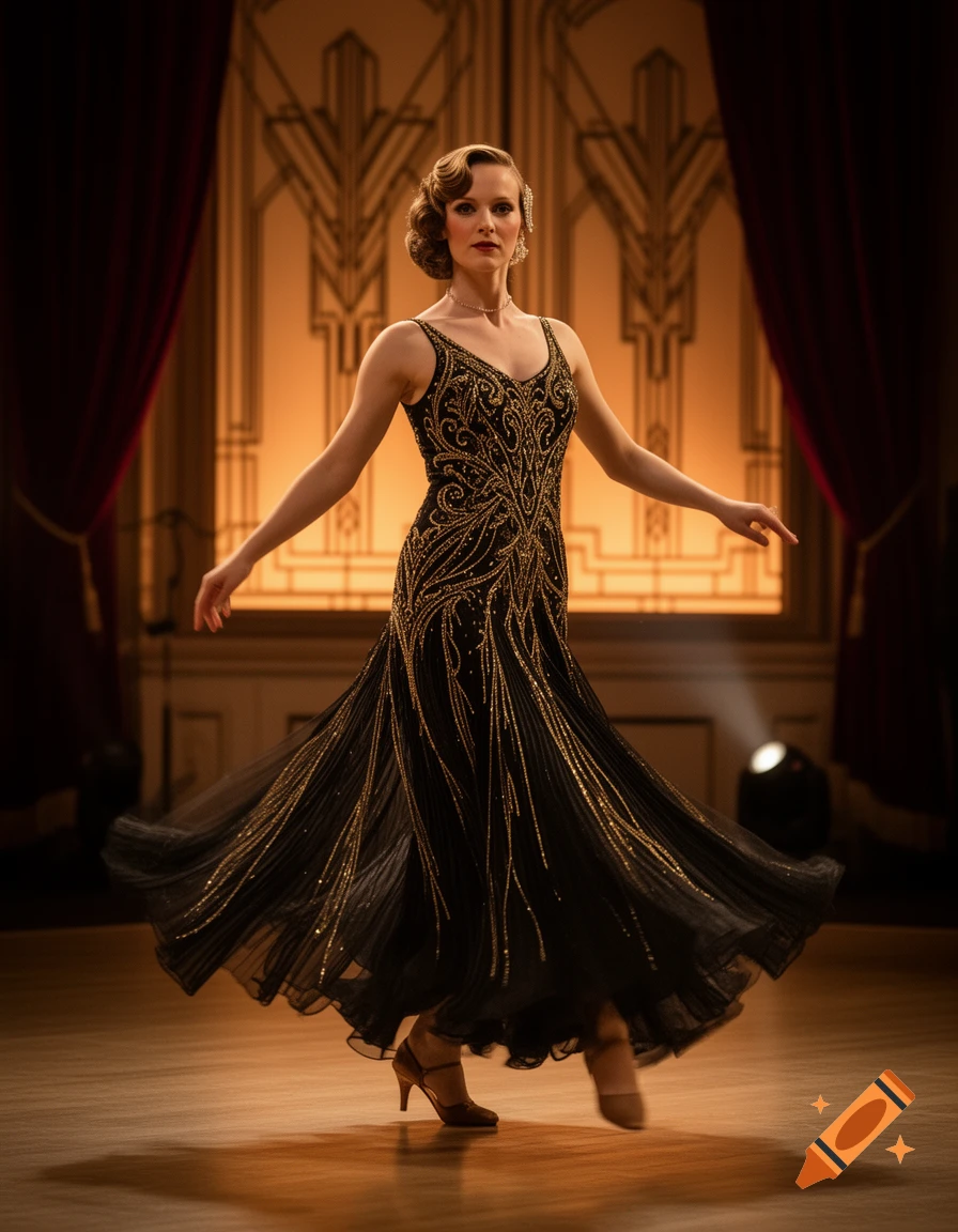 A woman in a glamorous black and gold 1920s-inspired ballroom dress dances on a stage.
