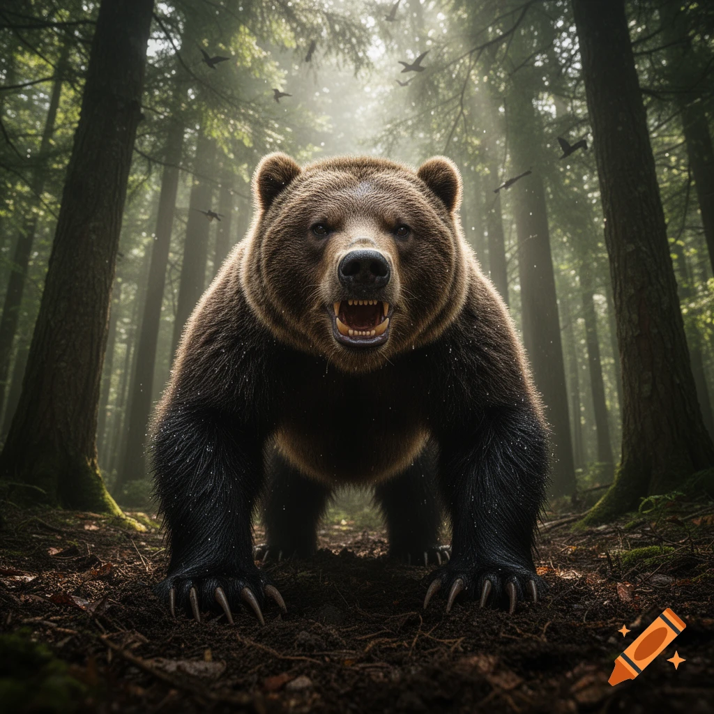 Photorealistic image of a ferocious brown bear roaring, standing on all fours in a sun-dappled forest with tall trees.