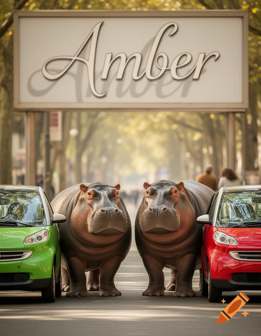 Two hippos stand between a green and a red compact car on a city street, with a sign reading 'Amber' overhead.