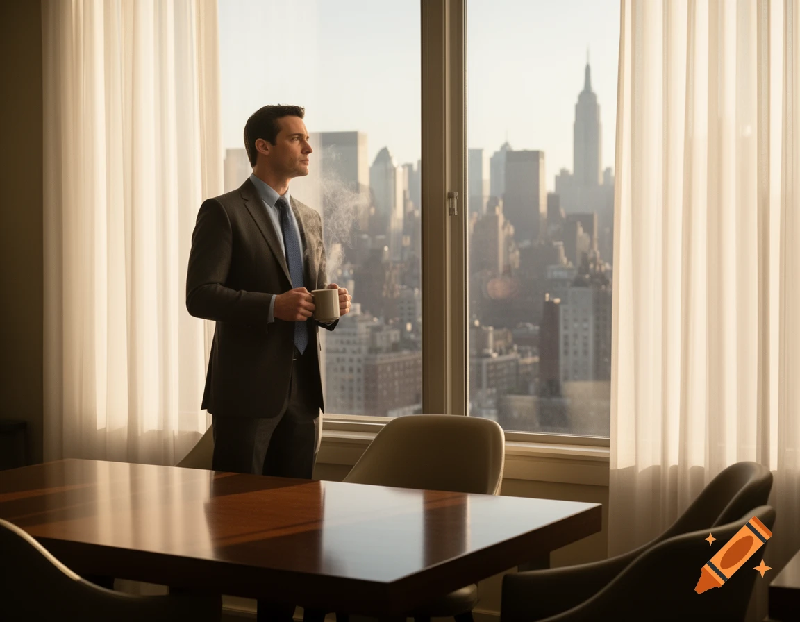 A man in a suit stands by a dining room window, holding a steaming coffee cup and looking out at a photorealistic city skyline.