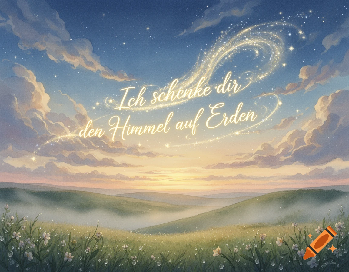 A vibrant landscape with rolling green hills, a field of dew-kissed flowers, and a sunrise sky with glowing, starlit German text.