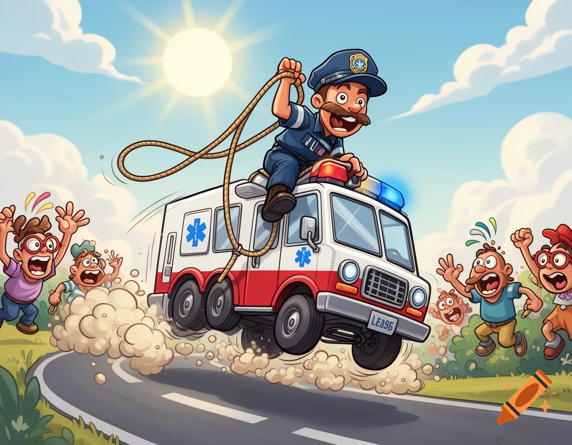 A cartoon paramedic rides an ambulance like a rodeo, flying over a road with cheering bystanders under a sunny sky.