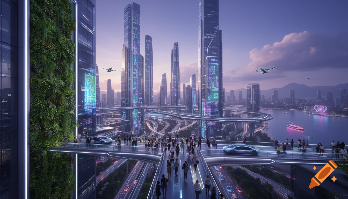 A vibrant futuristic cityscape at dusk with tall skyscrapers, elevated highways, flying vehicles, and green-covered buildings.