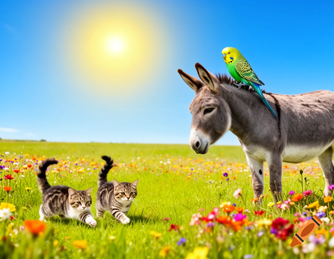 Two tabby kittens run through a vibrant field of wildflowers under a bright sun, with a parakeet on a donkey's back.