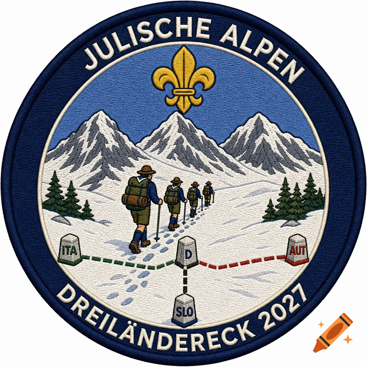 Embroidered round scout badge depicting hikers in snowy mountains with a fleur-de-lis, border markers, and text.