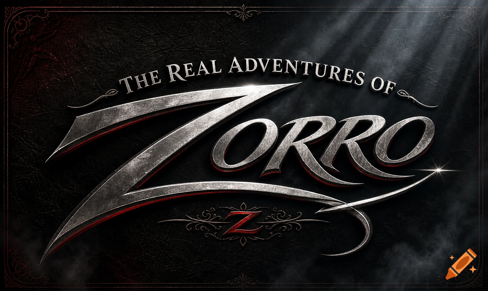 The Real Adventures of Zorro logo, with silver and red metallic text on a dark, textured background.