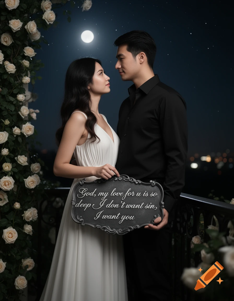 A photorealistic image of a couple under a full moon and starry sky, holding a sign and surrounded by white roses.