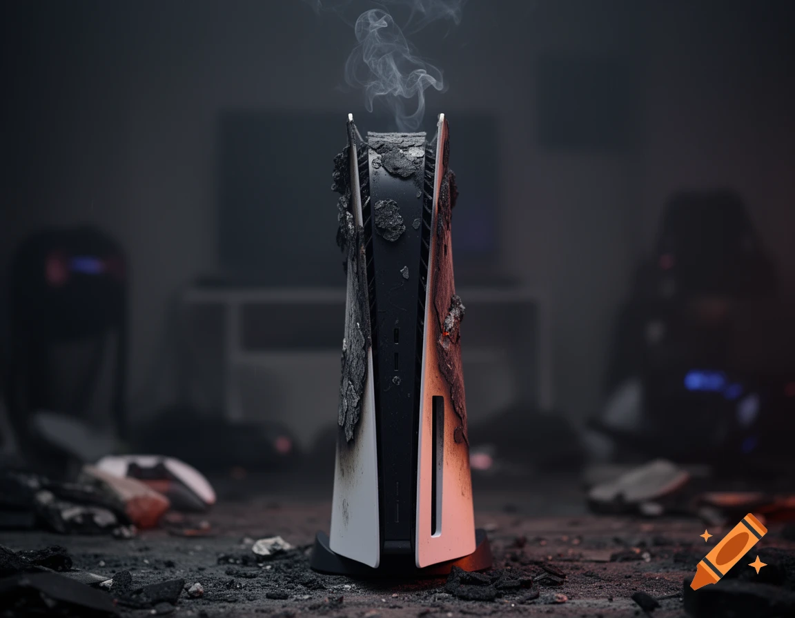 A burnt PlayStation 5 console stands upright, emitting smoke amidst scattered debris in a dimly lit room.