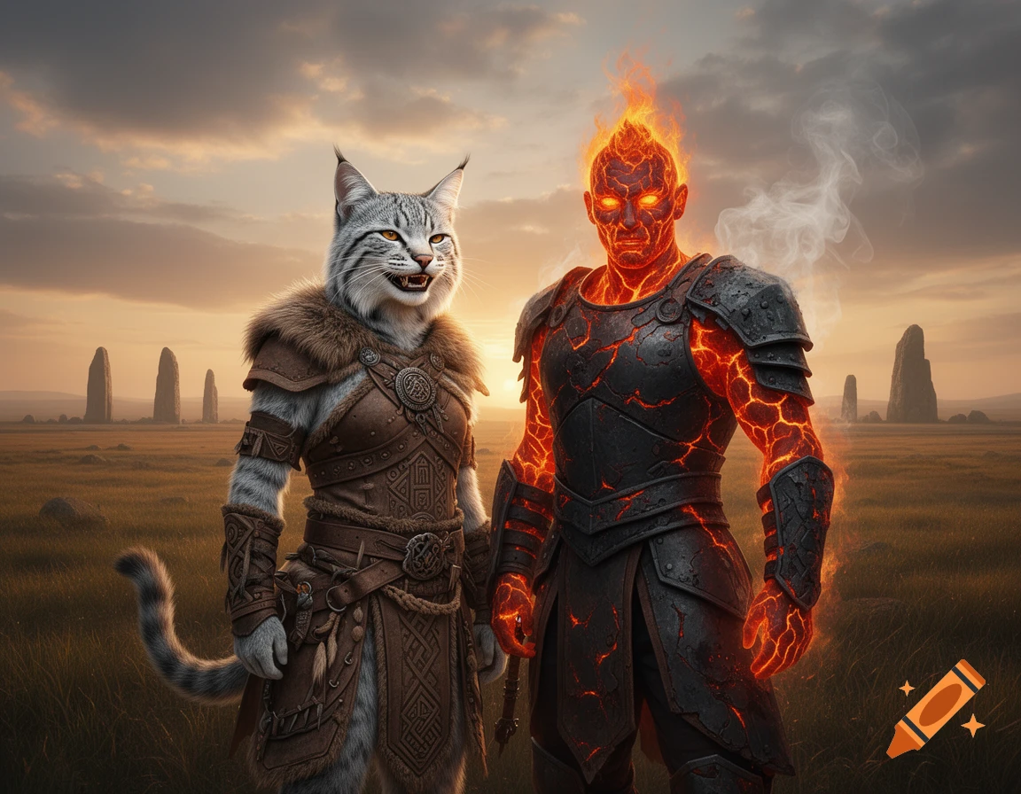 A silver wildcat tabaxi in barbarian leathers and a volcanic fire genasi soldier stand in a field with megaliths at sunset, fantasy art.