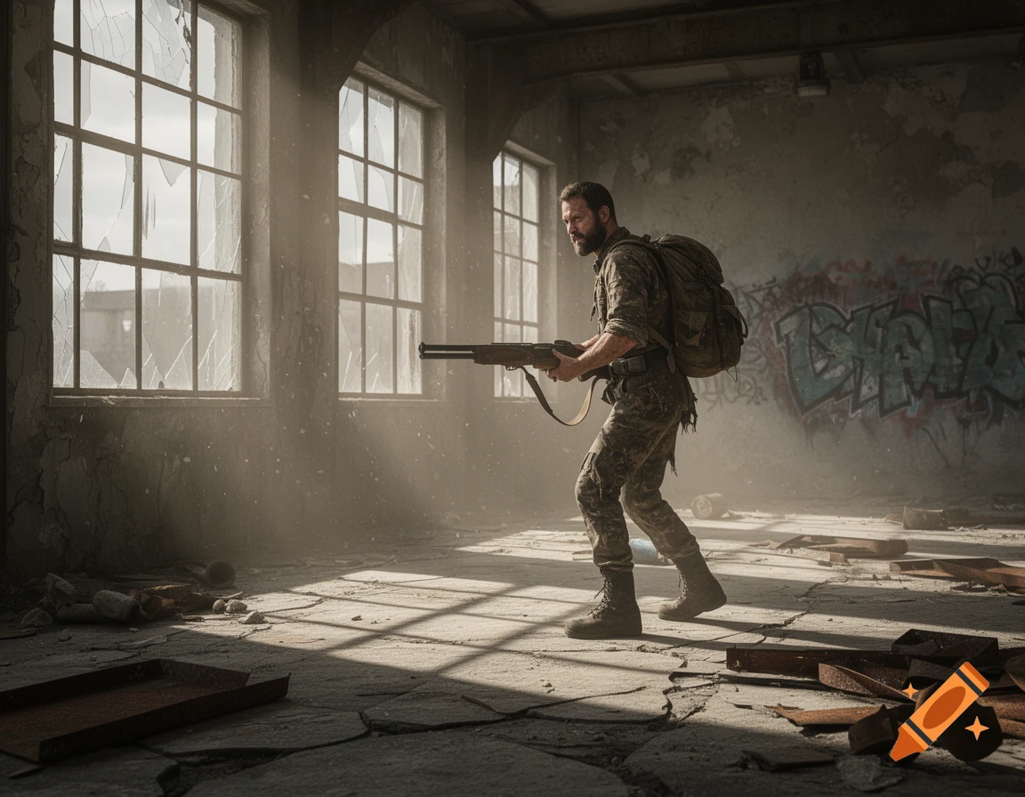 A bearded man in camouflage with a backpack and shotgun walks through a dusty, ruined building with broken windows and graffiti.