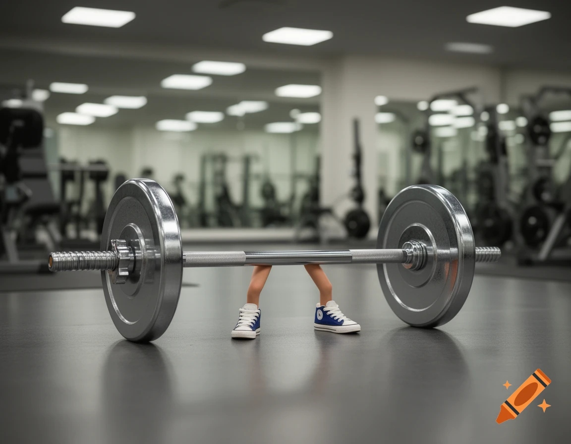 A barbell with tiny human legs in blue sneakers stands on a gym floor.