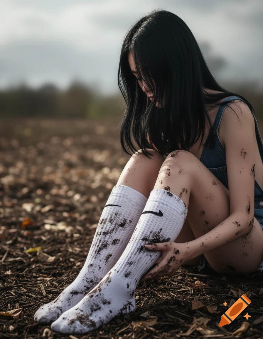 A woman with black hair in muddy white Nike socks and denim overalls sits on a dirt field, looking down.