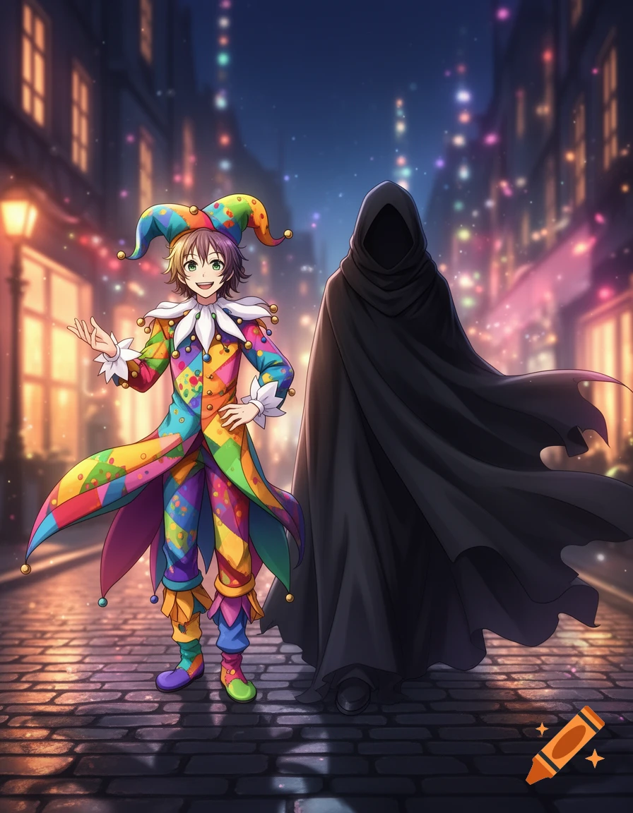 A playful jester in colorful attire stands next to a mysterious dark hooded figure on a cobblestone street at night, in an anime style.