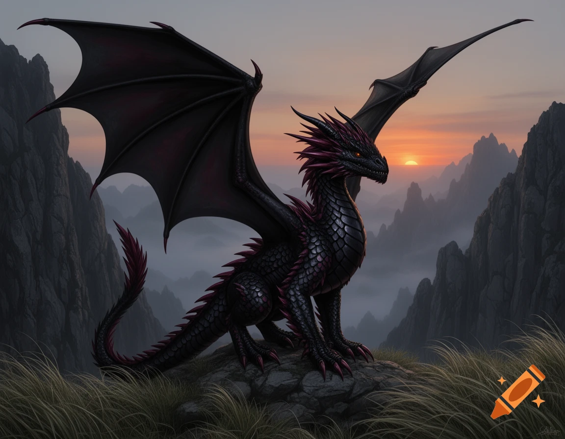 A majestic black dragon with burgundy spines and glowing eyes sits on a rock, wings spread, overlooking a misty mountain range at sunset.