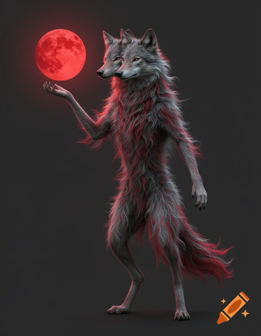 A two-headed, bipedal wolf-like creature with grey and red fur stands holding a glowing red moon against a dark background in a photorealistic style.