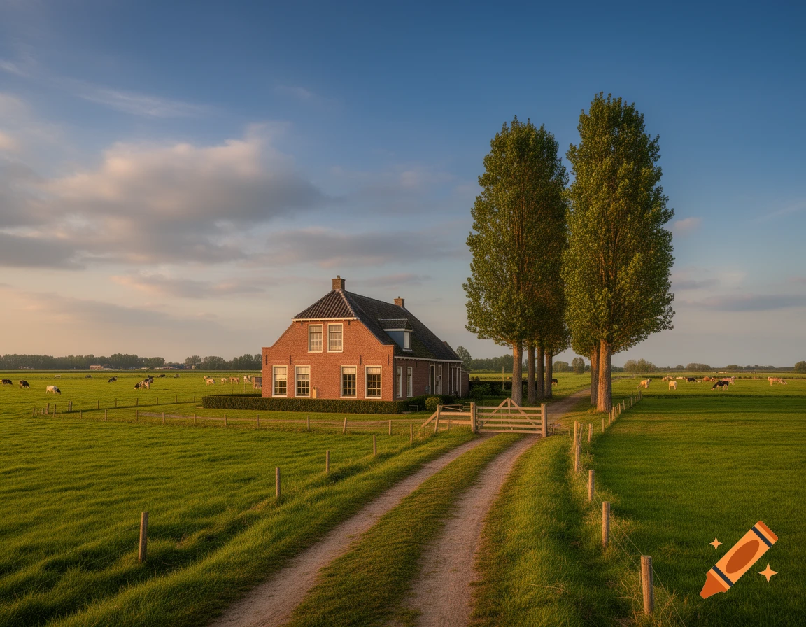 A red brick farmhouse stands with tall trees in a vibrant green field with grazing cows under a clear blue sky, a dirt road leading to a wooden gate.