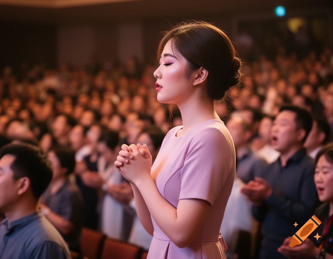 A young woman with dark hair and a pink dress prays with clasped hands and closed eyes in a crowded religious event, side view.