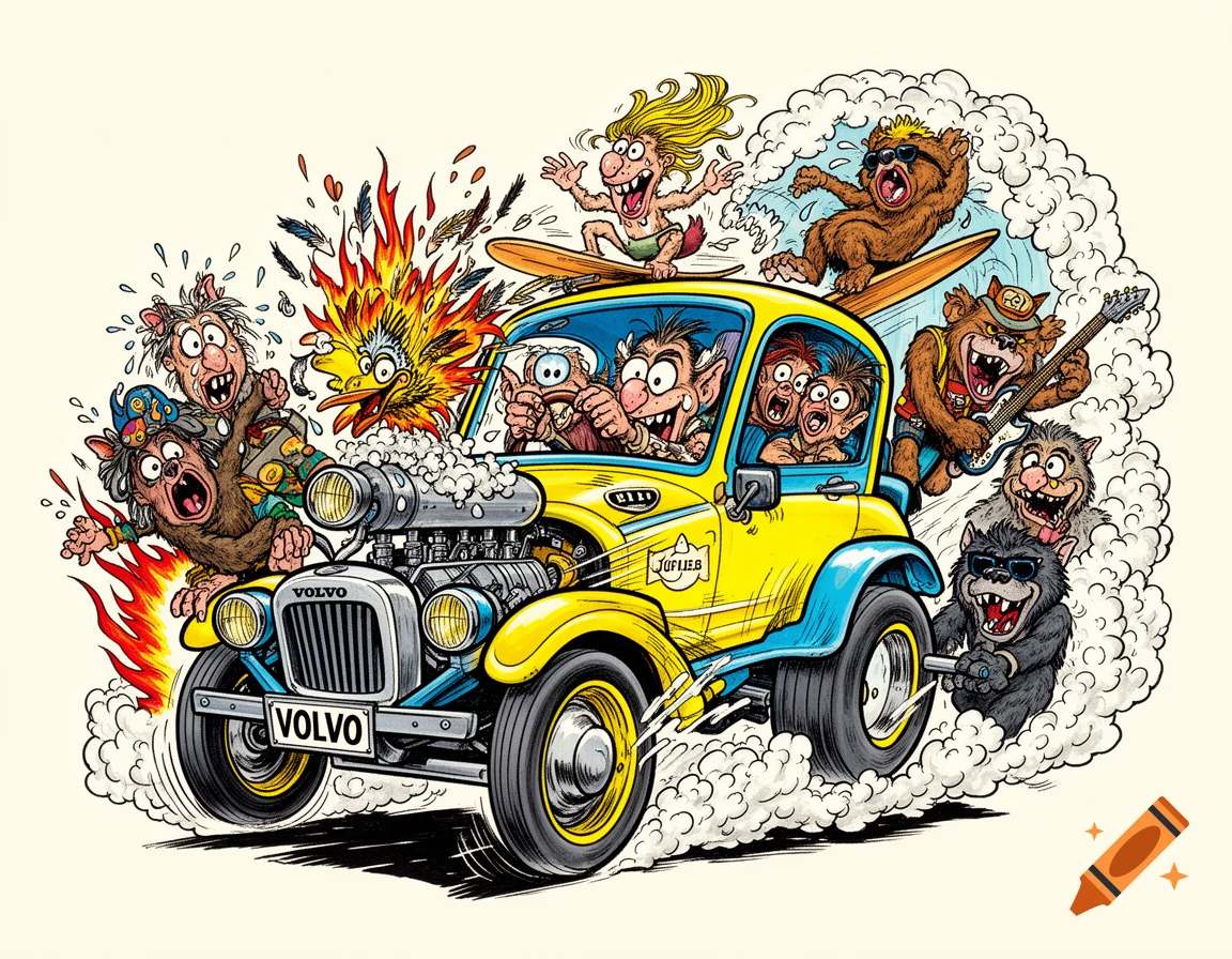 Vibrant Rat Fink-style cartoon of monster-like characters in and around a yellow hot rod with flames and smoke.