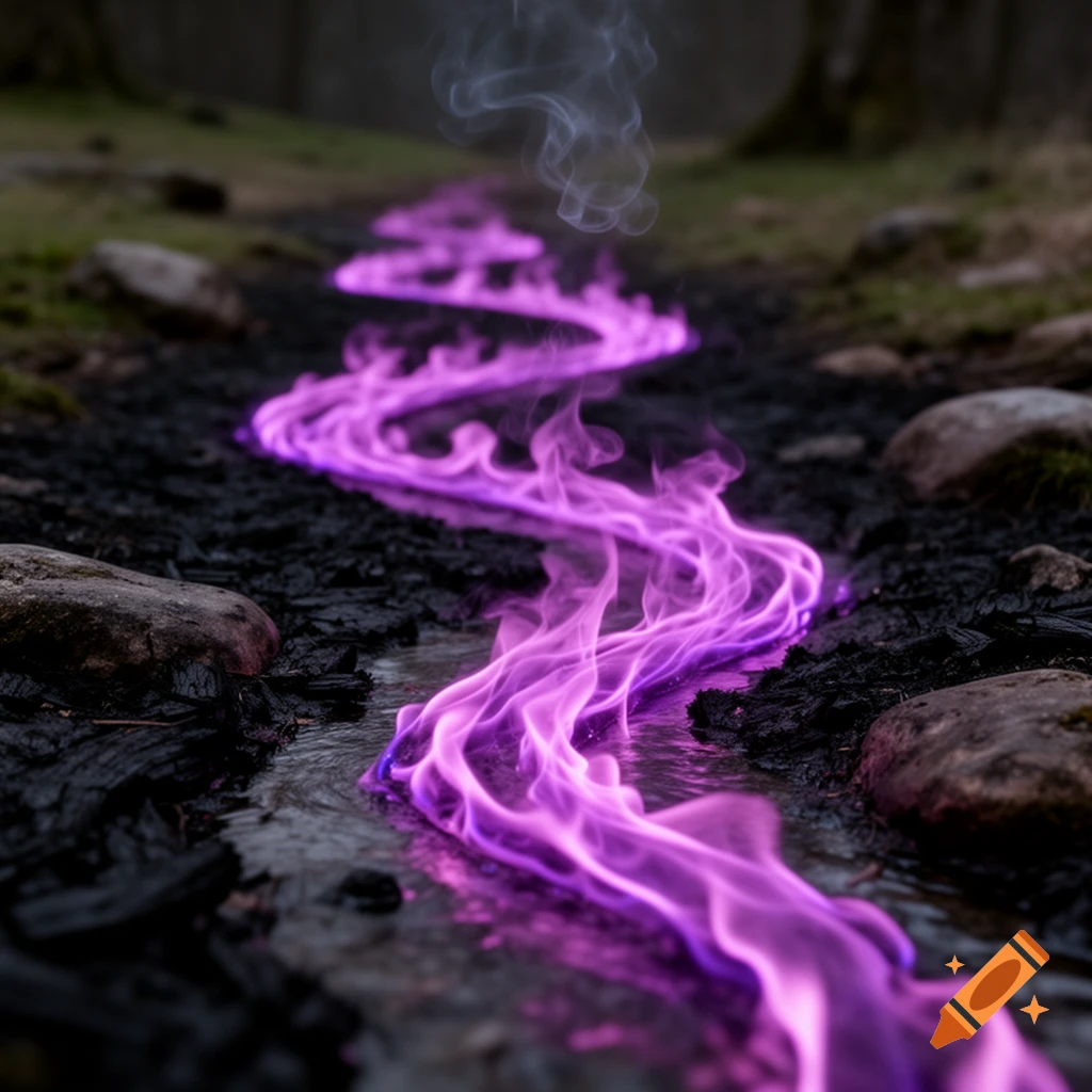 A winding stream of vibrant purple flames and smoke flows along a dark, rocky path in a forest.