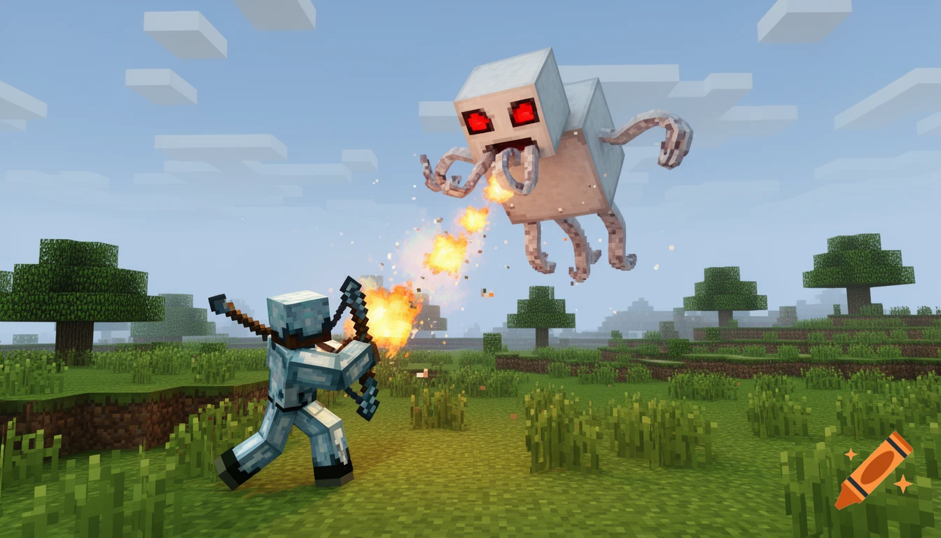 A Minecraft character in diamond armor shoots fire from a bow at a floating white Ghast in a grassy plains biome.