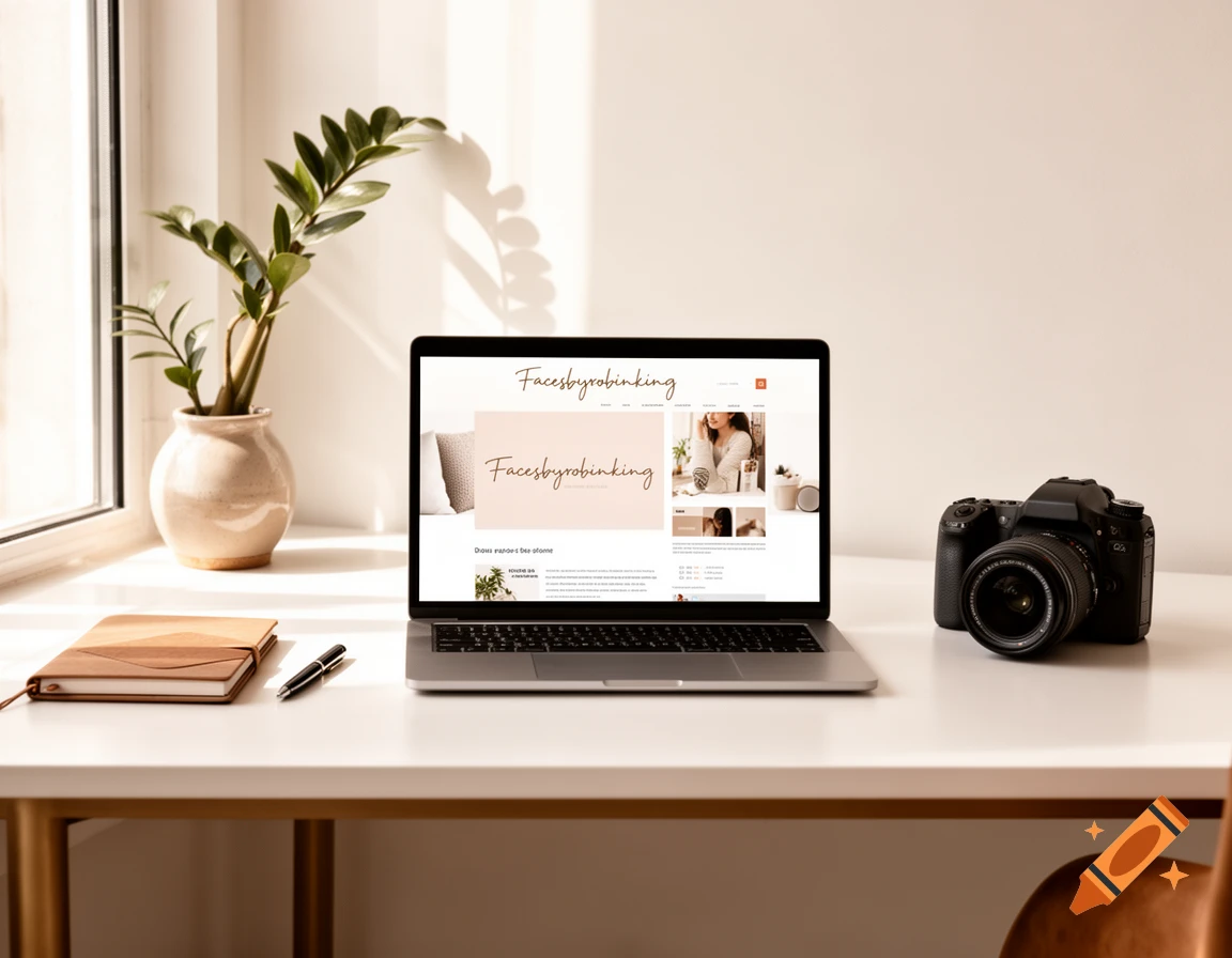 A laptop displaying a blog, a camera, notebook, and a plant on a clean white desk by a sunlit window.